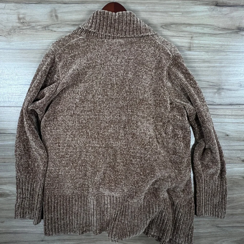 Orvis Brown Chenille Cardigan Sweater Shawl Collar Open Front Pockets Large
